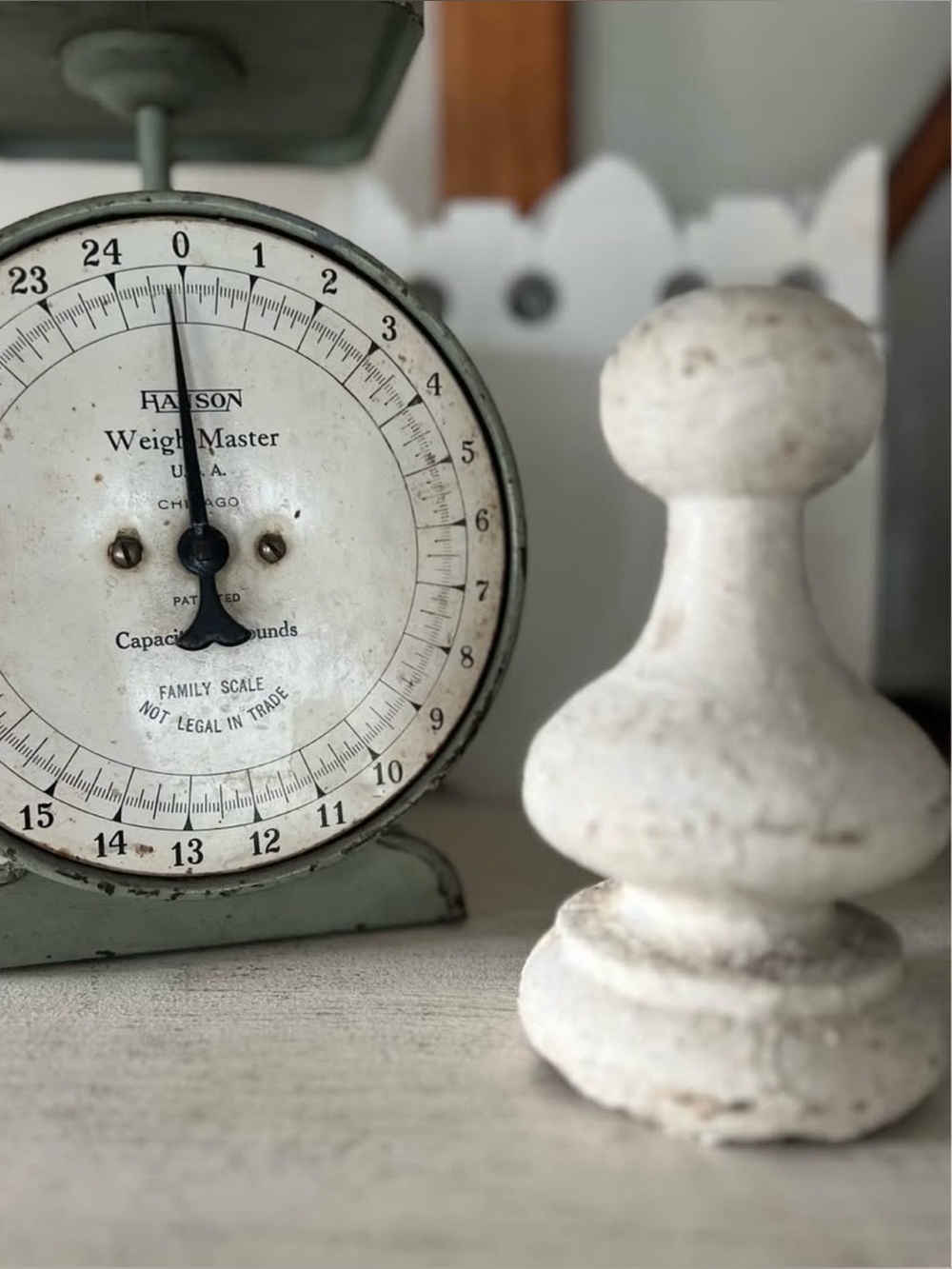 Vintage antique architectural salvage turned wood finial, chippy white paint